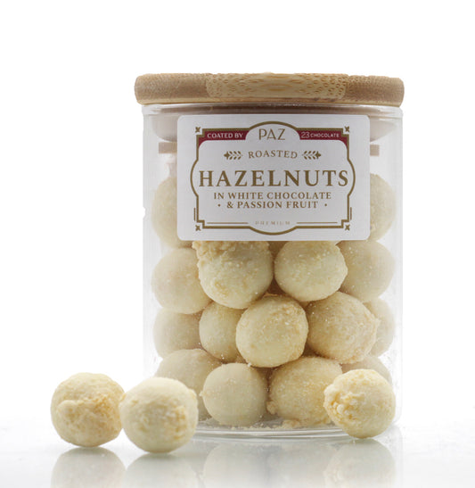 Hazelnuts in White Chocolate & Passion Fruit