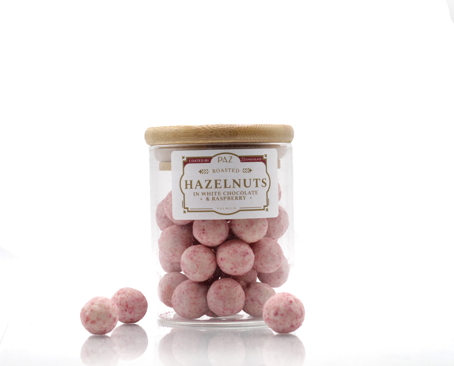 Hazelnuts coated in White Chocolate & Raspberry